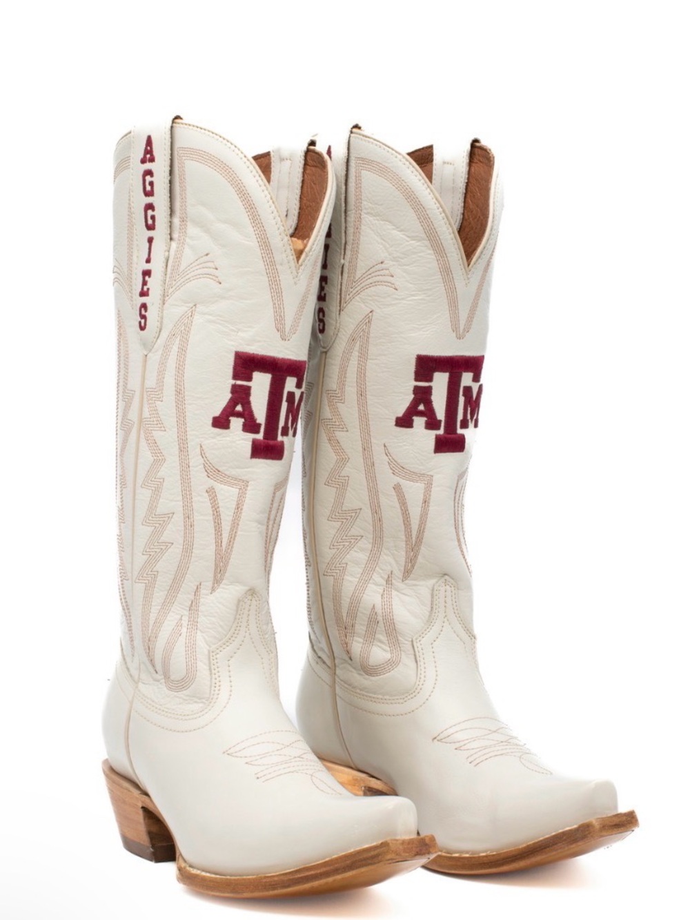White Embroidered Leather Western Boots with Maroon Collegiate Logo